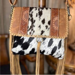 Myra  Western Fringe Leather & Hairon Cowhide Crossbody Bag Phone Pocket